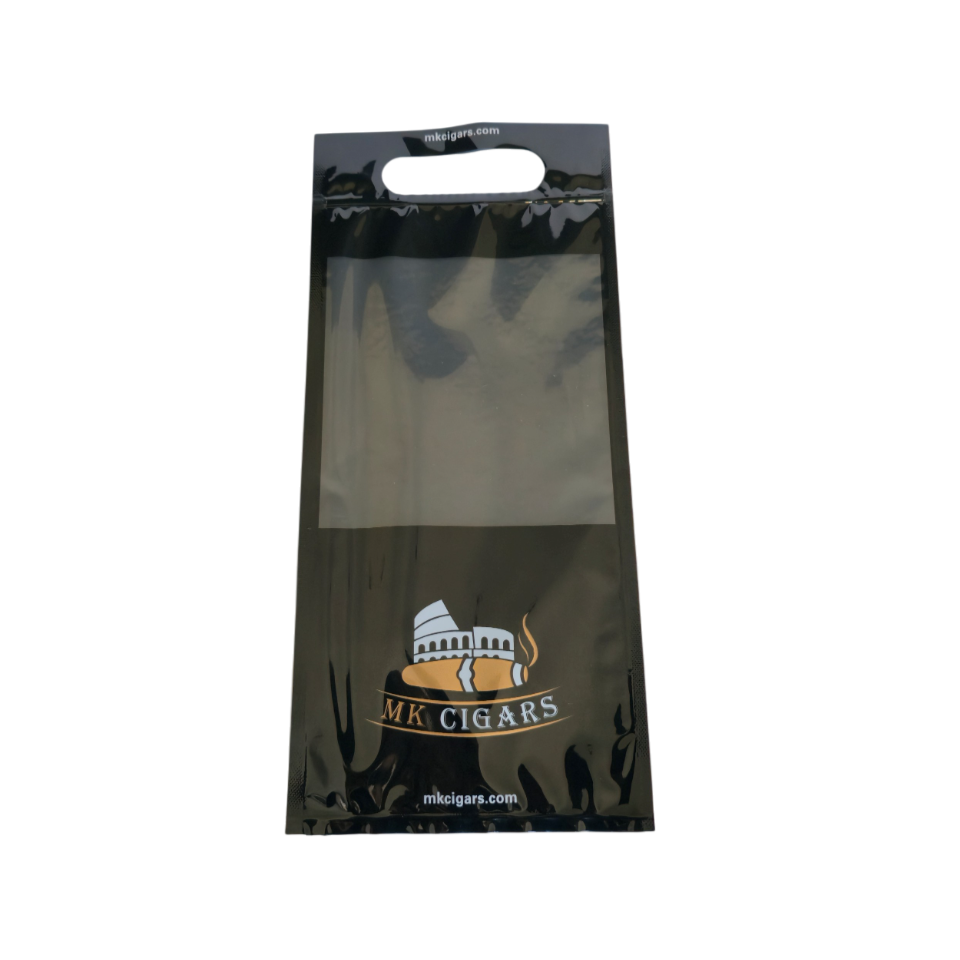Cigar humidity bag with 'MK Cigars' logo on a white background