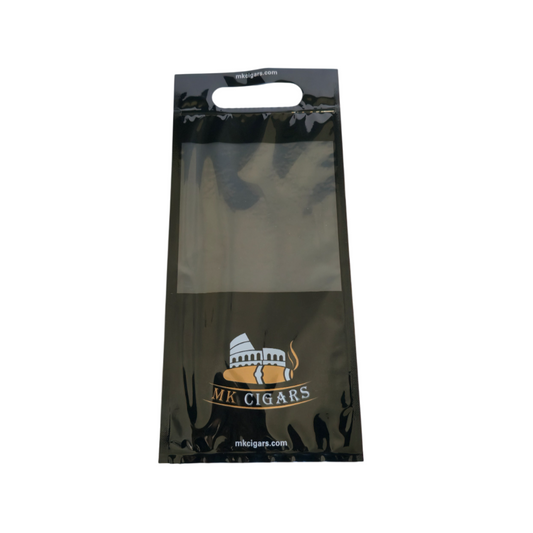 Cigar humidity bag with 'MK Cigars' logo on a white background